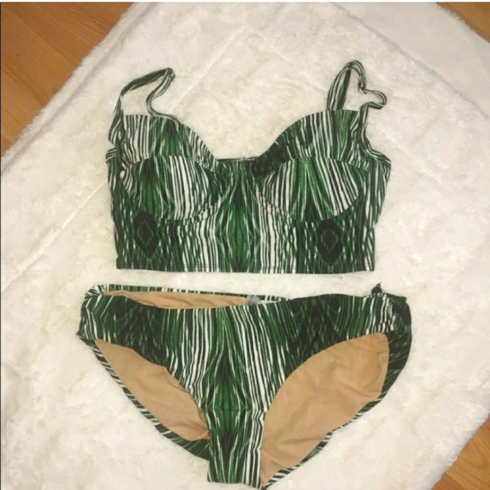 Derek Lam green print two piece bathing suit